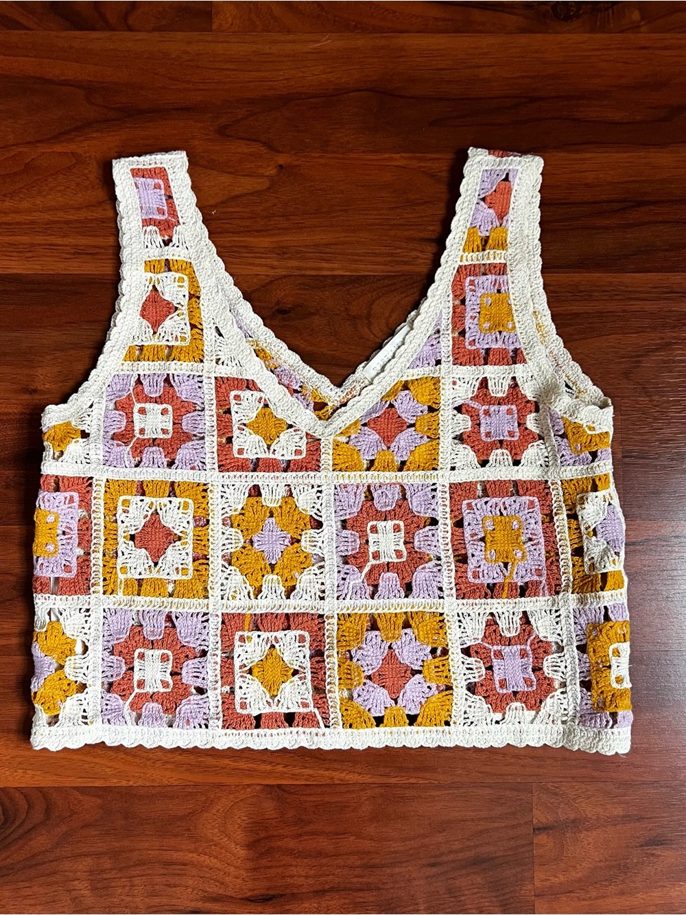 Rebellion Crochet V-Neck Crop Top in White, Mustard & Lavender